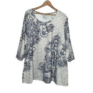 Catherines 1X Gray Stripe Purple Paisley Rhinestone Embellished Stretch Knit Top